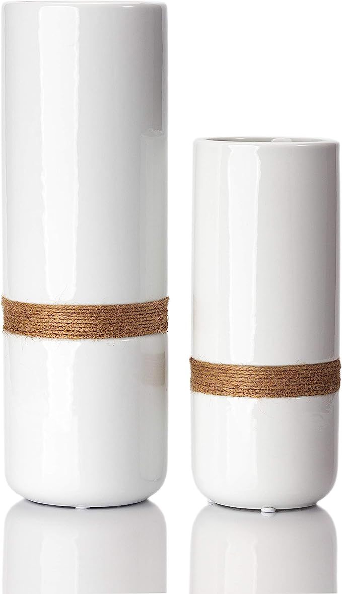Jasius White Flower Vase Set - Elegant White Vases for Decor with Rustic Boho Rope Accent, Non-Sc... | Amazon (US)