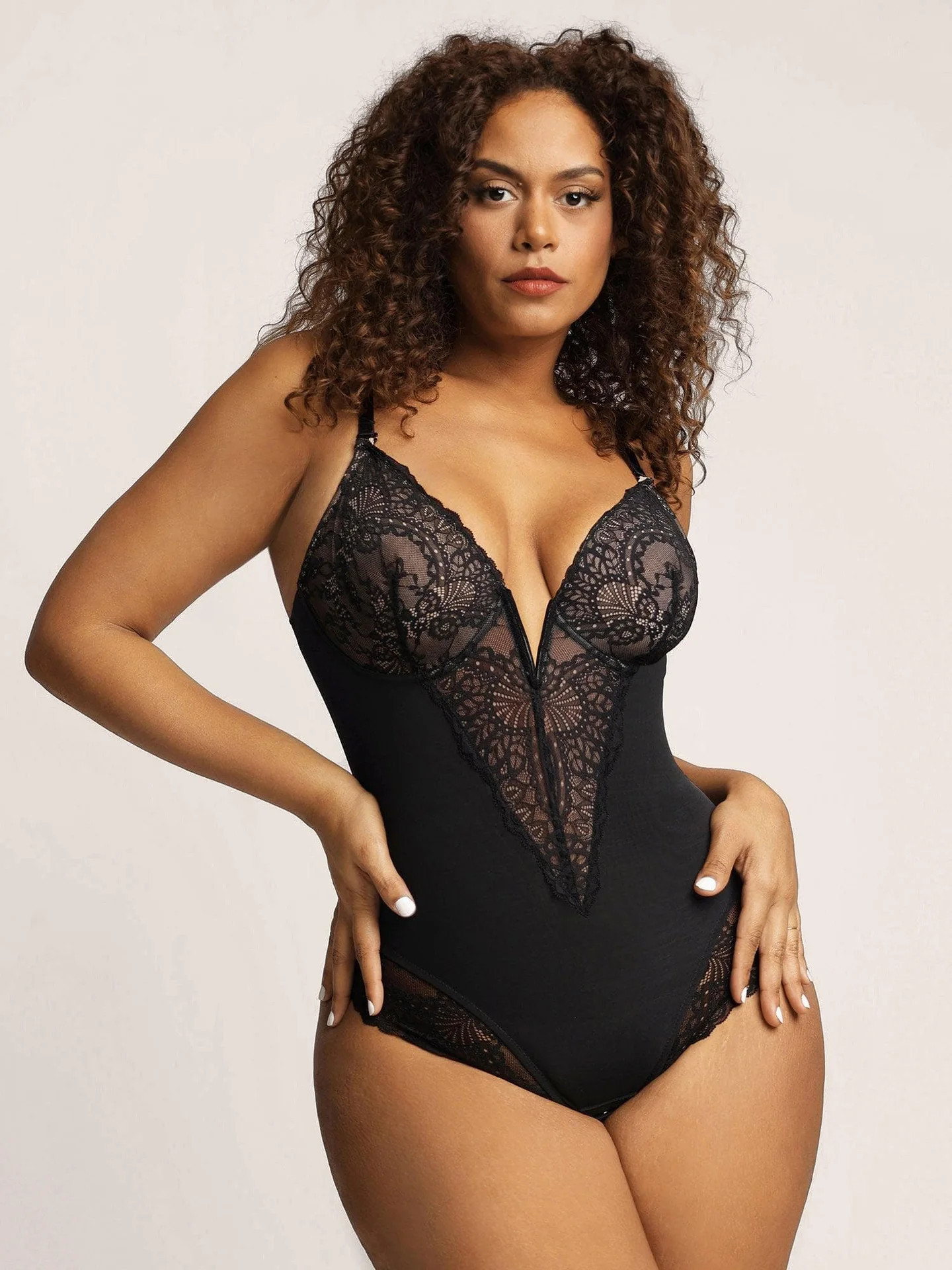 Deep-V Neck Lace Thong Bodysuit | Popilush | Popilush