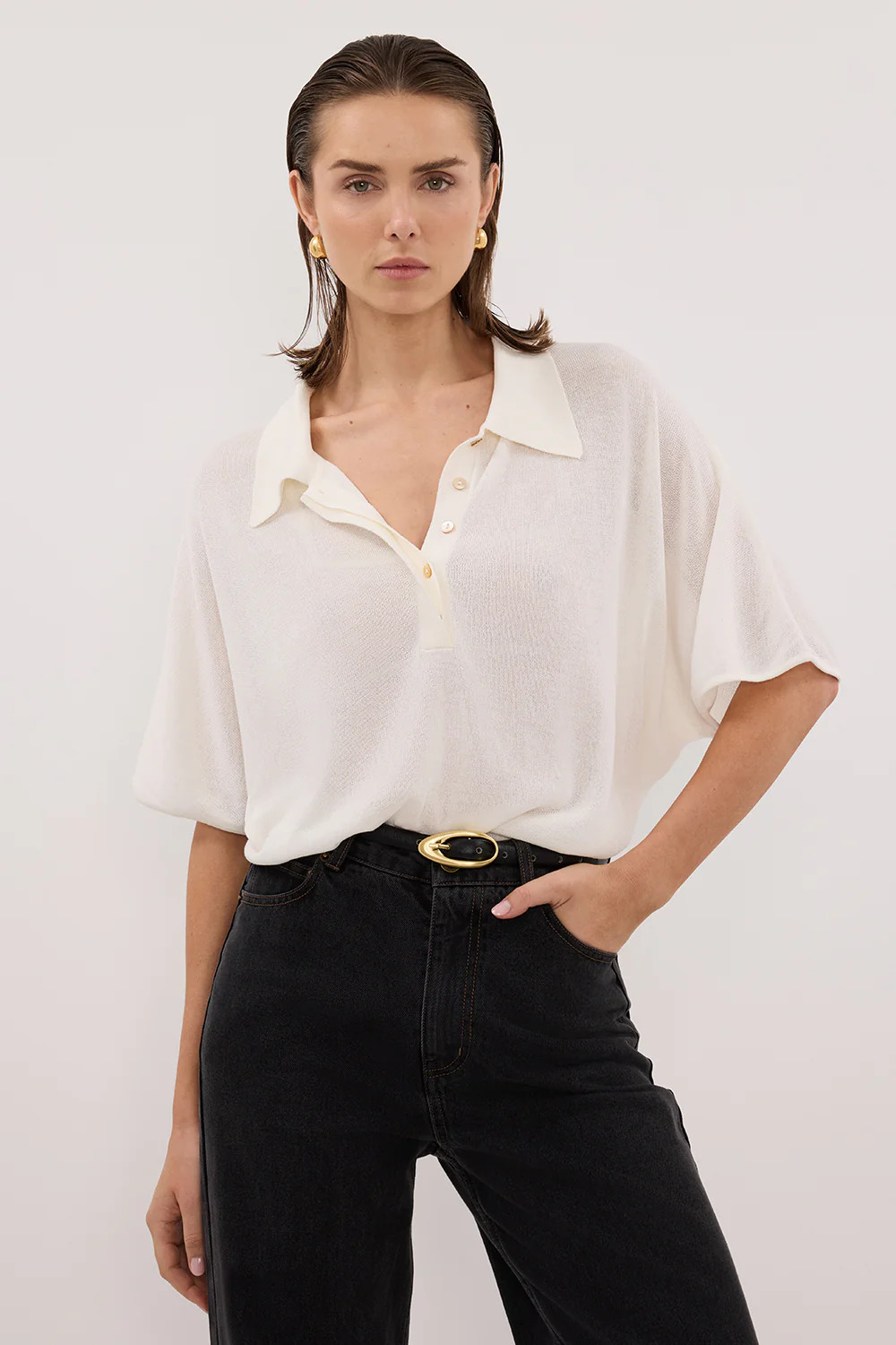 ELI CREAM POLO KNIT TOP | DISSH