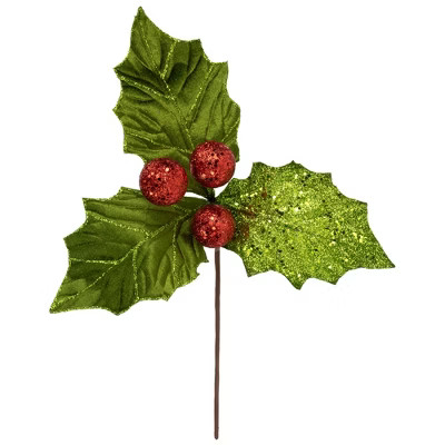 Northlight 19" Glittered Holly with Berry Christmas Stem Spray | Target