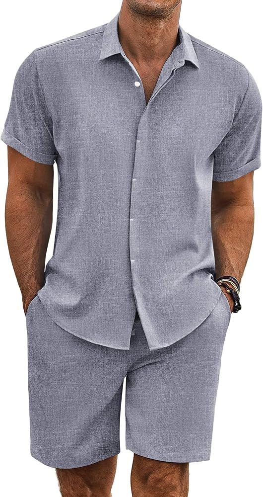 COOFANDY Men's Summer Beach Outfits 2 Piece Short Sleeve Shirts and Shorts Vacation Texture Linen... | Amazon (US)