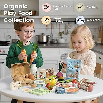 Tiny Land Organic Play Food Set - 6PCS Wooden Seafood & Meat Toy Set for Kids, Pretend Grocery fo... | Amazon (US)