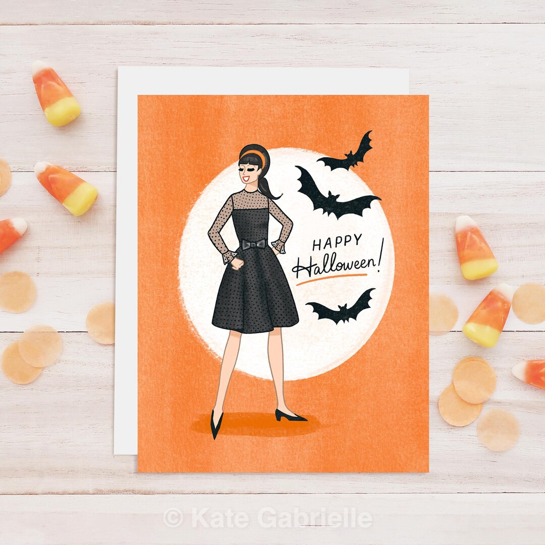 Girl With Bats Retro Halloween Greeting Card - Etsy | Etsy (US)