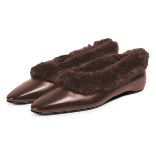 Milooey shoes Women's Comfy Closed Round Toe Ballet Flats Fur Trimmed Slip On Flat Shoes Warm Dre... | Amazon (US)