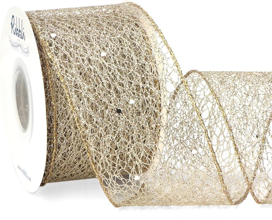 Ribbli Christmas Ribbon Glitter Mesh Wired Ribbon for Christmas Tree Champagne Sparkling Ribbon 2... | Amazon (US)