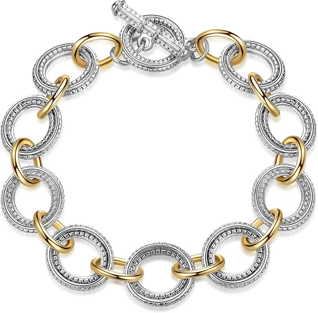 Cable Link Chain Bracelets for Women, Two Tone Link Bracelets Gold and Silver Circles Vintage Bra... | Amazon (US)