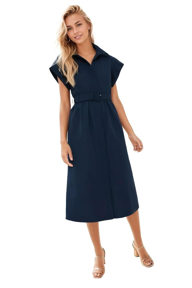 Womens 2025 Summer Short Sleeves Midi Dress Casual Button Down Long Dress with Belt | Amazon (US)