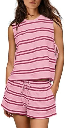 LAMISSCHE Striped Womens Lounge Set Sleeveless Matching Summer Set Side Tie Tank High Waisted Sho... | Amazon (US)