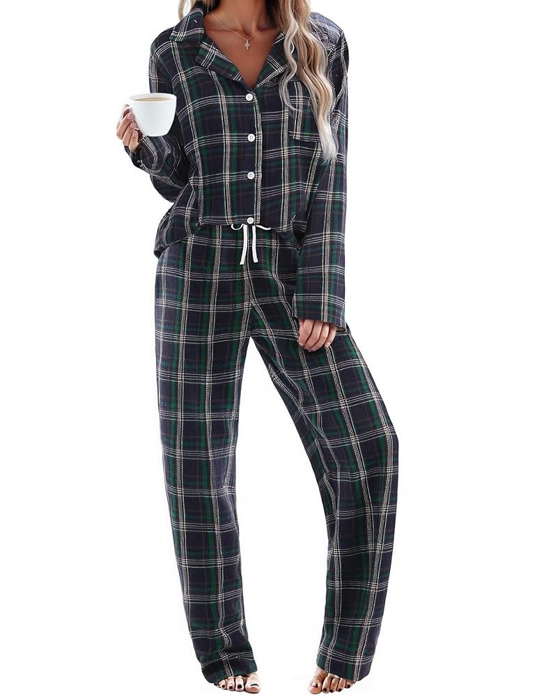 Ekouaer Pajamas Set for Womens 2 Piece Cotton Plaid Pjs Long Sleeve Sleepwear Soft Button Down Lo... | Amazon (US)