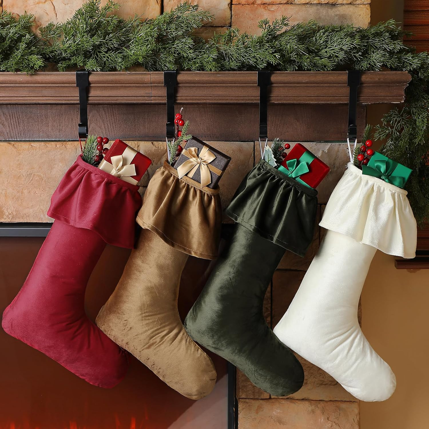 Kinlop 4 Pack 18 Inch Neutral Christmas Velvet Stocking Ruffled Design Large Christmas Stockings ... | Amazon (US)