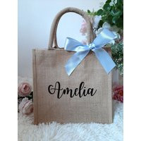 Personalized Beach Jute Tote Bags With Blue Bow -Personalized Bridesmaid Burlap Bag Dark Mint | Etsy (US)
