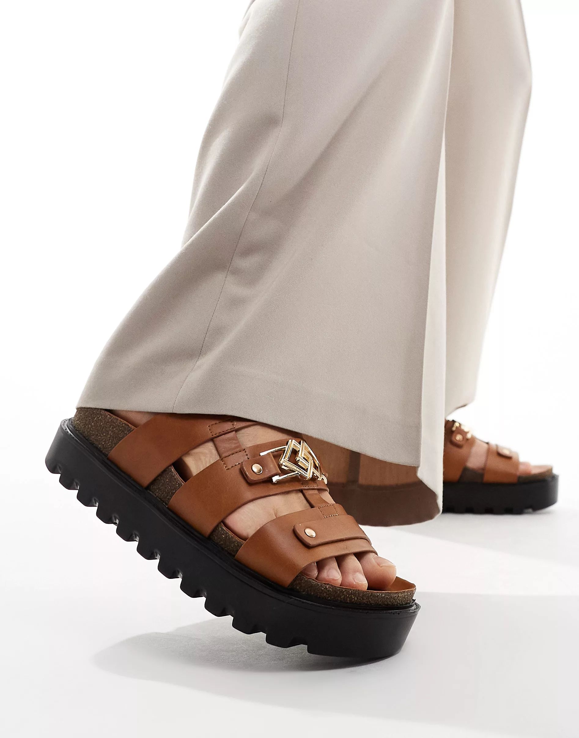 ASOS DESIGN chunky sandal in tan pu with gold monogram detailing | ASOS | ASOS (Global)