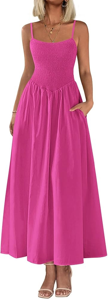 PRETTYGARDEN Women's Smocked Maxi Dresses 2025 Summer Beach Sundress Casual Spaghetti Strap Swing... | Amazon (US)
