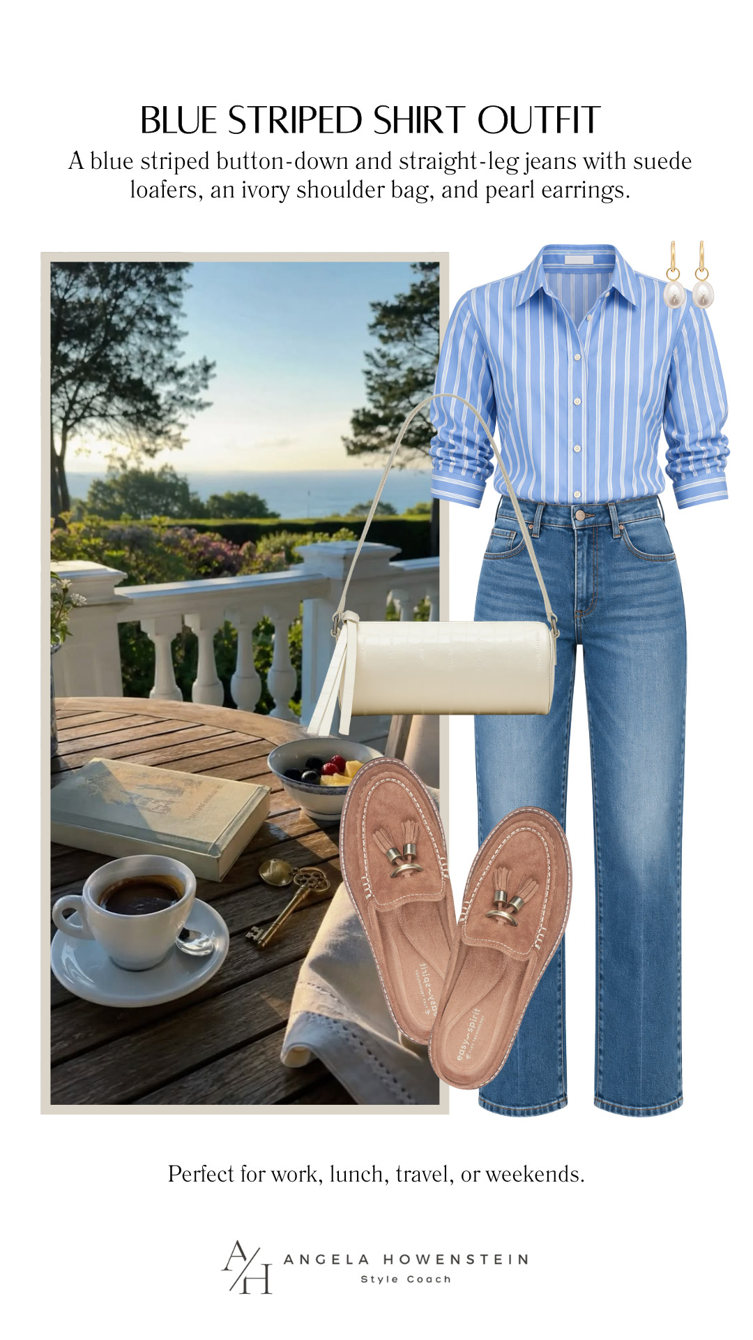 A blue striped button-down is a timeless wardrobe staple you’ll reach for year after year. Styled with straight-leg jeans, a chic shoulder bag, and suede loafers, this polished look is perfect for work, lunch with friends, weekend outings, or travel.

👩‍💻 LTK PRO TIPS
❤️ Heart = Support my posts ;-)
🔖 Save = Get sale & restock alerts for the things you love!
📋 Lists = Keep favorites organized (List ideas: Christmas, Birthdays, and Vacations!)
📲 Share = Send lists and products to a friend (or your daughters like me).
💬 Comment = Ask me anything, and I’ll answer. ;-) 

 #LTKootd #LTKSeasonal #LTKOver40