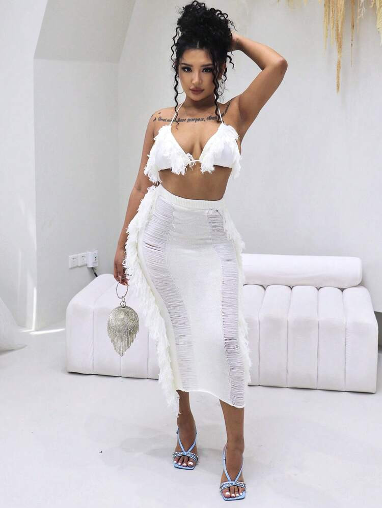 Fringe trim crop halter top & ripped skirt | SHEIN