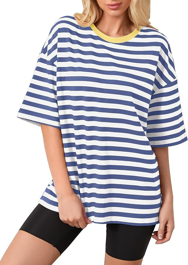 Women Oversized Striped Color Block Short Sleeve Crew Neck T-Shirts Casual Loose Pullover Tops Su... | Amazon (US)