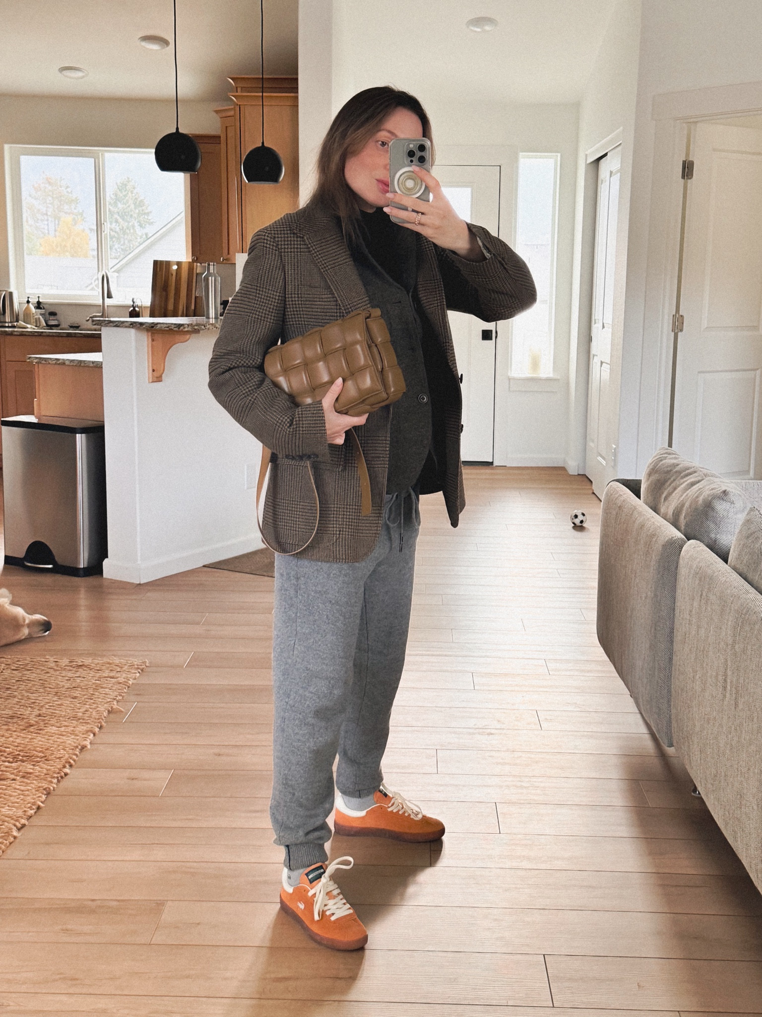 29 weeks pregnant OOTD: Woolrich tweed wool sweatpants + Lacoste baseshot sneakers in suede (on sale right now)  + Bottega Veneta padded cassette + Coa slim silk turtleneck top + Polo Ralph Lauren checked wool tweed blend blazer + Buck Mason felted wool blazer (as mid layer). 

#LTKStyleTip #LTKSeasonal #LTKSaleAlert