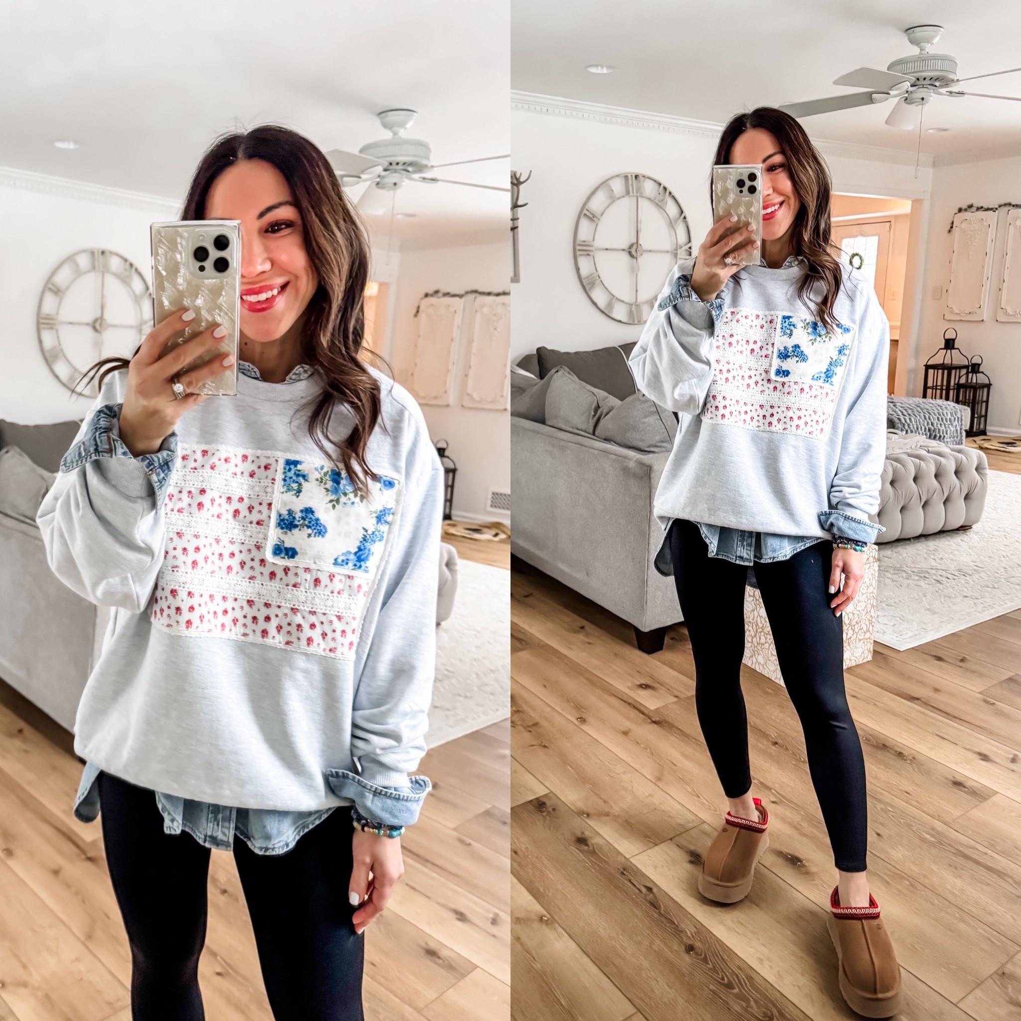 Small American flag sweatshirt, XS denim shirt, UGGs TTS



#LTKOver40