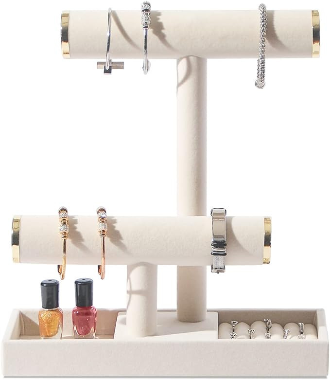 Byken 2 Tier Jewelry Holder,Necklace Bracelet Stand with Rings Tray,Beige White Velvet Jewelry Or... | Amazon (US)