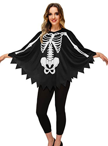 AOBUTE Ladies Halloween Poncho Scary Skeleton Black Day Of The Dead Party Cape Black | Amazon (US)