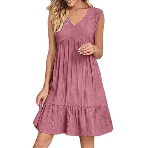 Mini Dresses for Women Summer Sleeveless V Neck Sundress Casual Ruffle A Line Flowy Swing Dress Beach Vacation Dress Pink | Amazon (US)