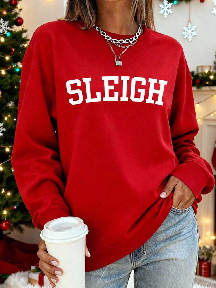 SLEIGH GIRL Christmas Women Oversized Crew Neck Long Sleeve Casual Sweatshirt | SHEIN