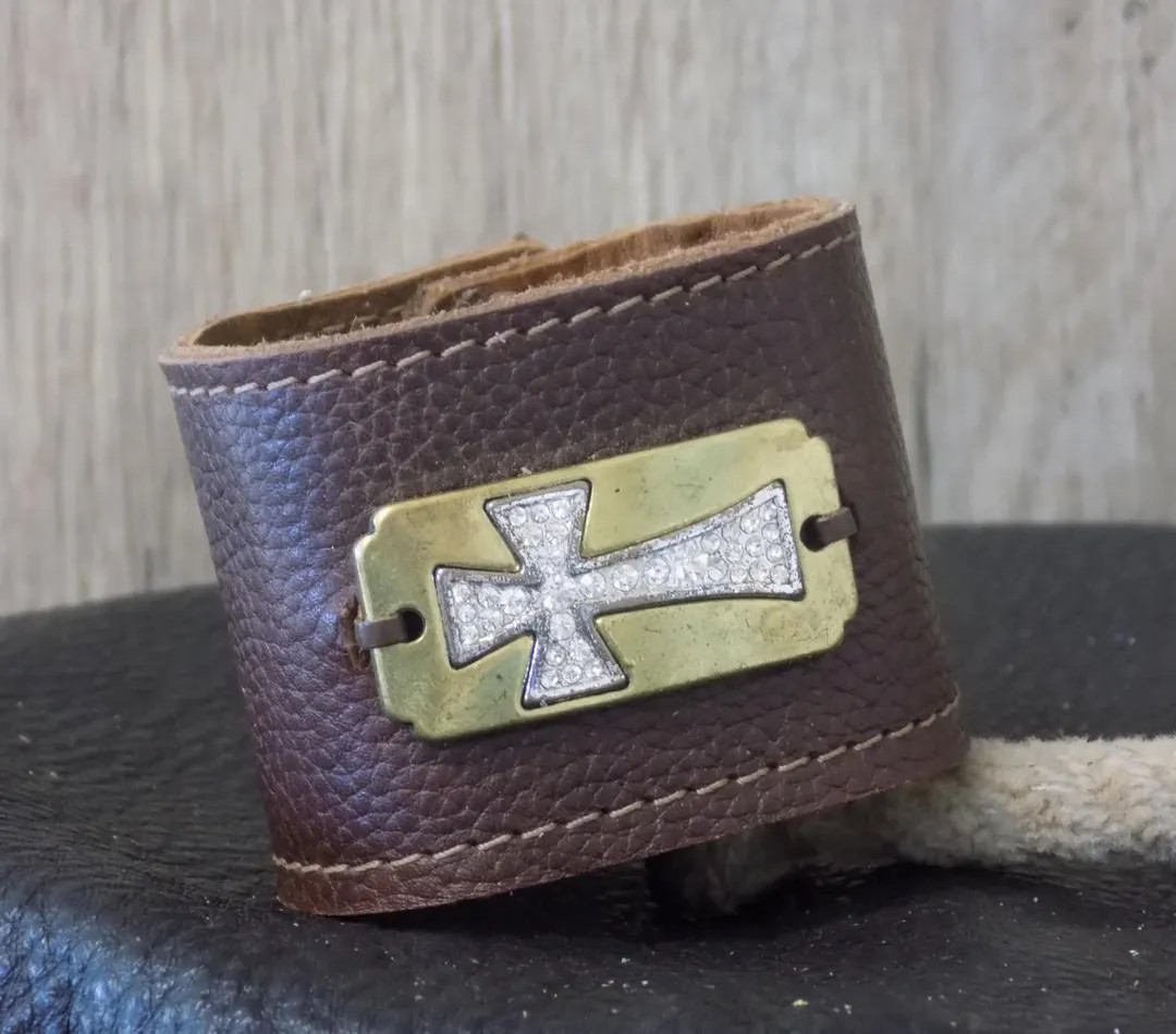 Brown Wide Leather Cuff Bracelet With Gold Cross Tag - Etsy | Etsy (US)