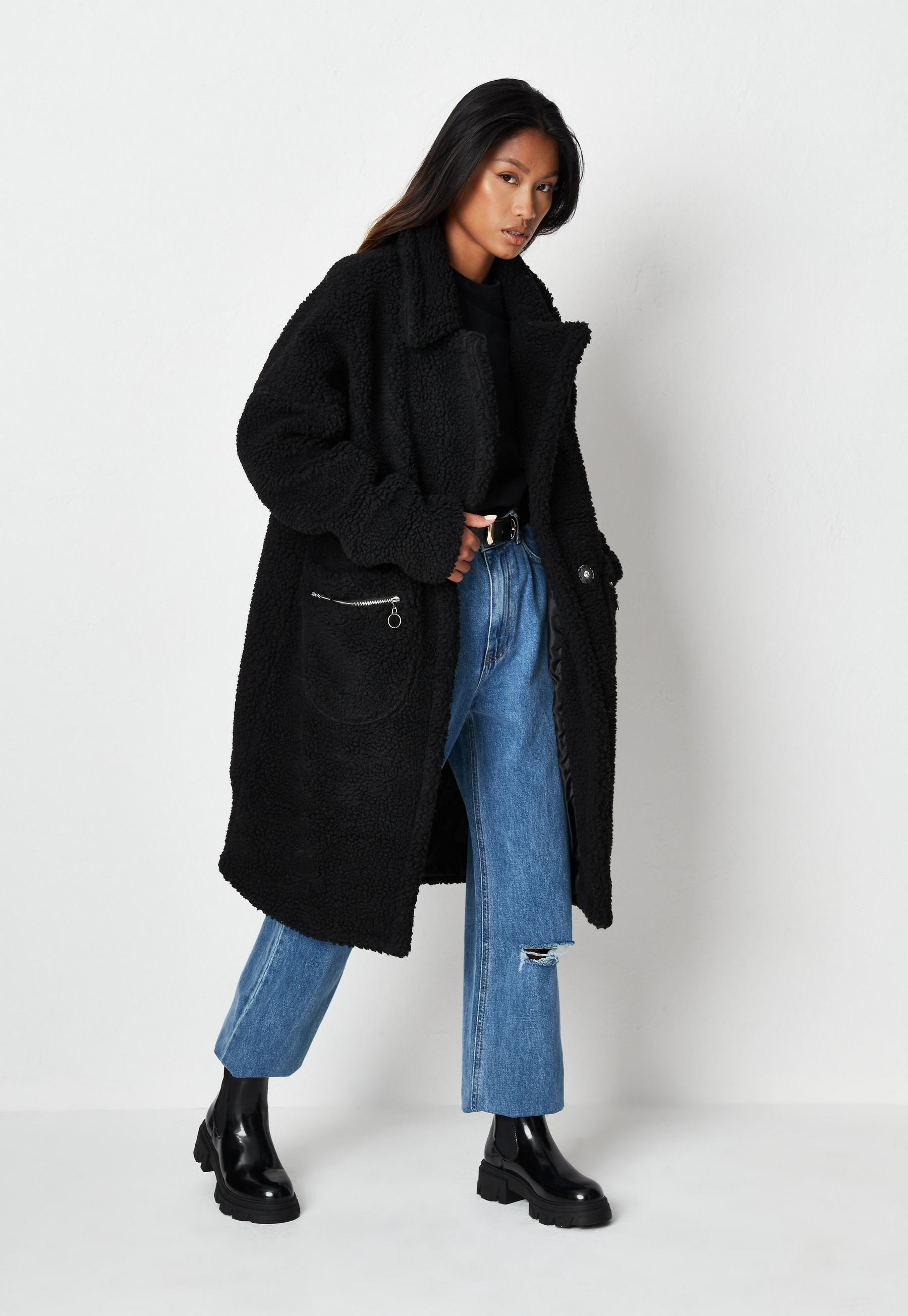 Black Borg Teddy Zip Pocket Coat | Missguided (US & CA)