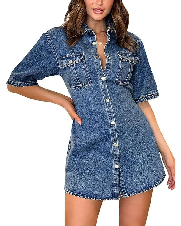 Fisoew Women’s Button Down Denim Dress Summer Casual Short Sleeve Collared Jean Mini Dress | Amazon (US)