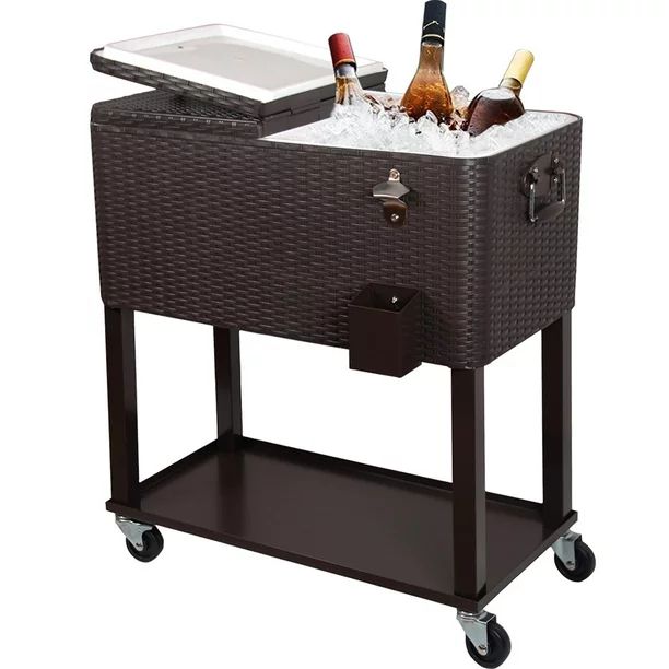 Zimtown 80 Quart Rattan Rolling Cooler Cart Ice Beer Beverage Chest on Wheels with Shelf - Stainl... | Walmart (US)
