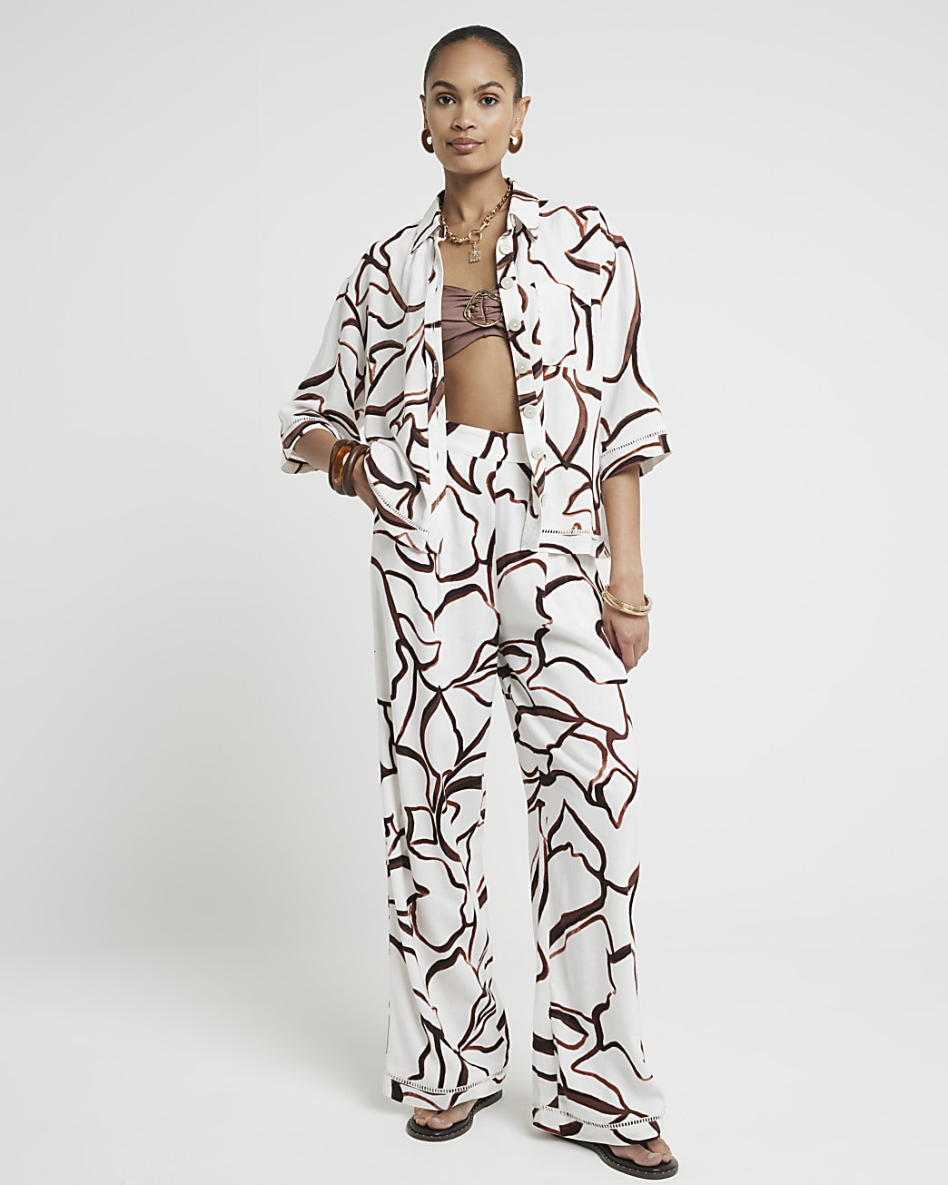 Brown linen blend abstract crochet trim shirt | River Island (UK & IE)