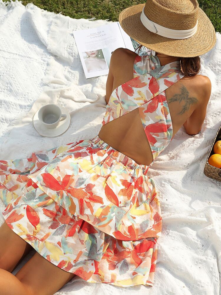 Plant Print Crisscross Backless Knot Front Layered Hem Dress | SHEIN