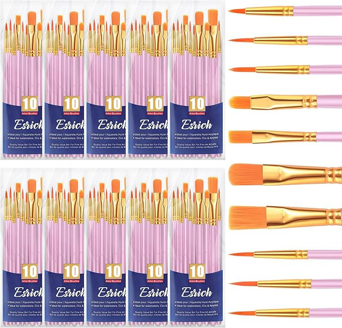 ESRICH Acrylic Paint Brushes Set, 10 Packs/ 100 Pcs Watercolor Brushes,Nylon Brush Head, for Oil ... | Amazon (US)