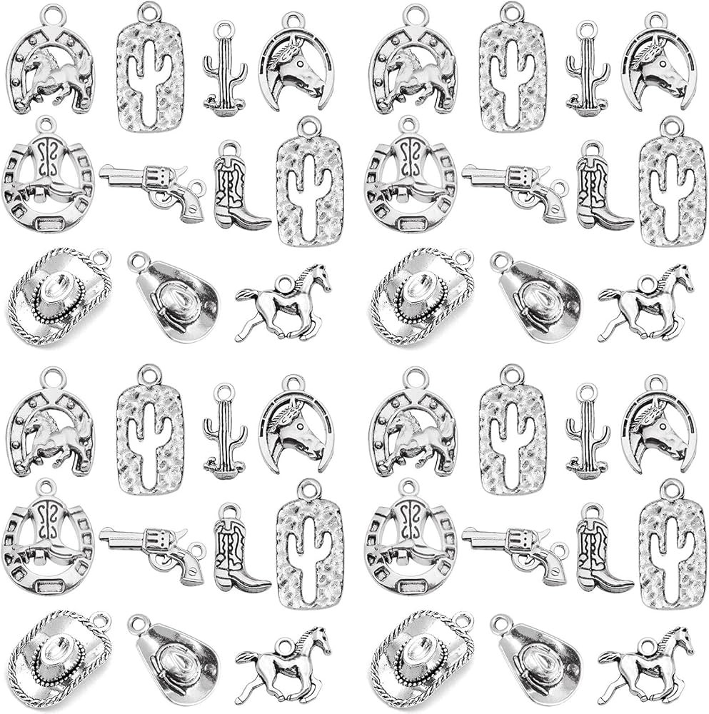 Youdiyla 60PCS Antique Silver Western Cowboy Charms Pendants Horse Hat cactus Cowboy Boot Charms ... | Amazon (US)