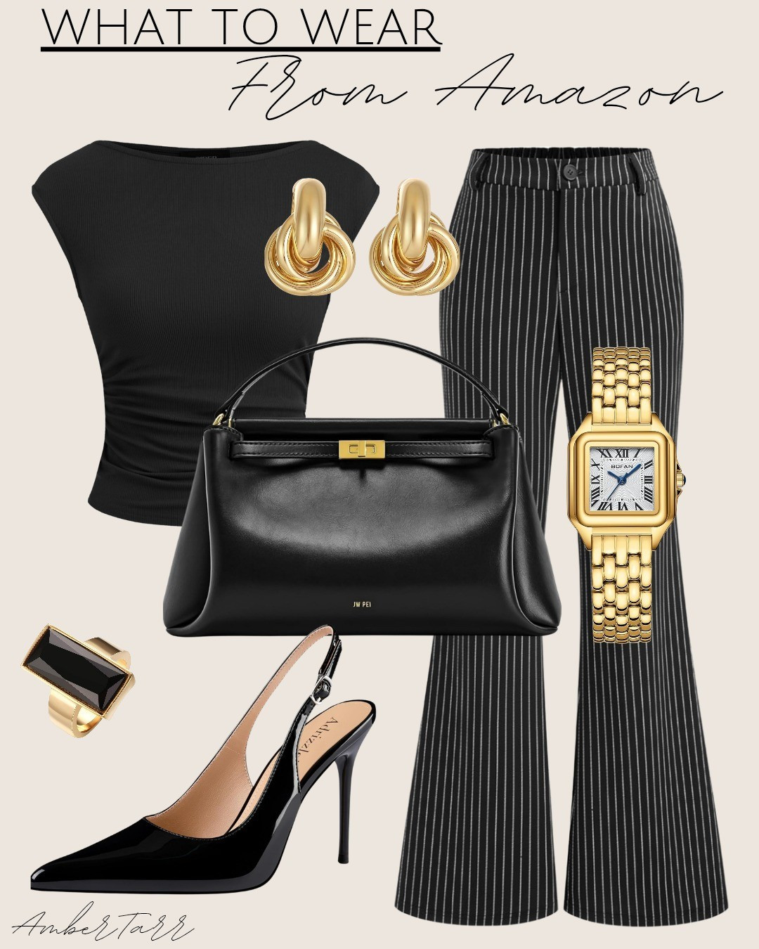 This elevated black outfit is one of my favorite go-to looks for evenings out or polished events. A sleek sleeveless black top paired with pinstripe wide-leg trousers creates a timeless, tailored silhouette that feels modern and sophisticated. Styled with a structured black top-handle handbag, bold gold statement earrings, a classic gold watch, and black slingback heels for a refined, chic finish. This is the kind of outfit that transitions effortlessly from dinner to drinks while still feeling classic and elevated.

#LTKOver40 #LTKNYFW #LTKootd