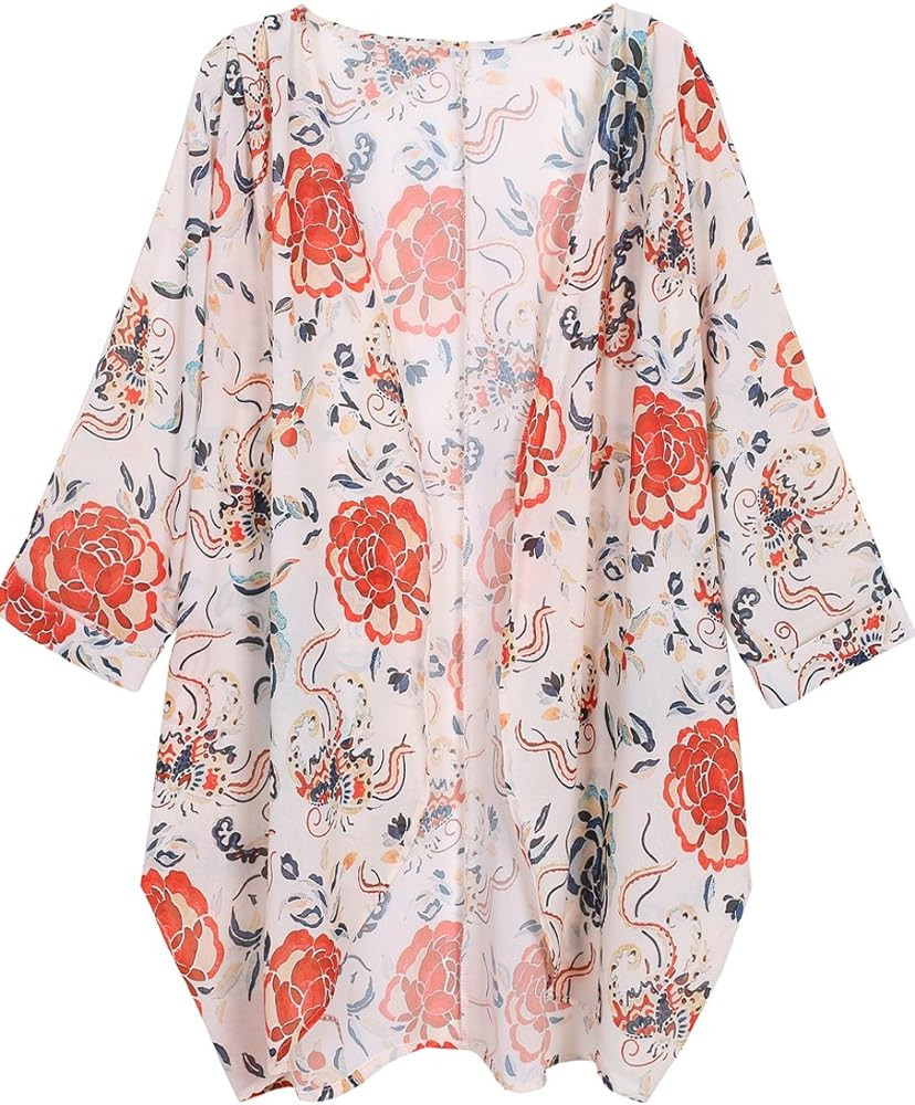 Women's Floral Print Sheer Chiffon Loose Kimono Cardigan Capes | Amazon (US)