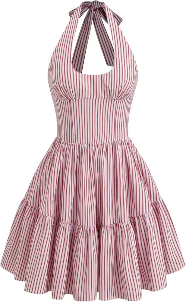 CIDER Women's Halter Mini Dress for Summer Striped Sleeveless Shirred Ruffle Dress Sexy Cute Vaca... | Amazon (US)