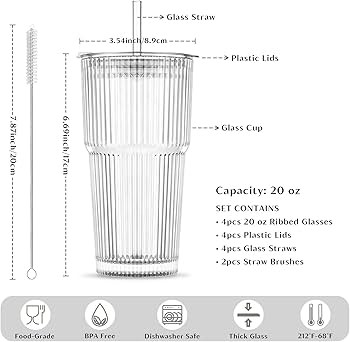 INSETLAN 20 oz Ribbed Glass Tumblers with Lids and Glass Straws \u2013 4-Piece Glassware Set, Thi... | Amazon (US)