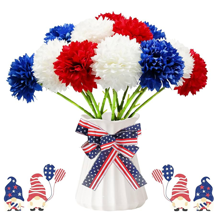 Tinsow 12 pcs Artificial Flower Patriotic Memorial Bouquet Red White and Blue Faux Ball Chrysanth... | Amazon (US)