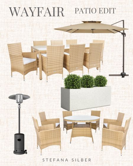 Wayfair, patio decor, cantilever umbrella, dining set, planter box 