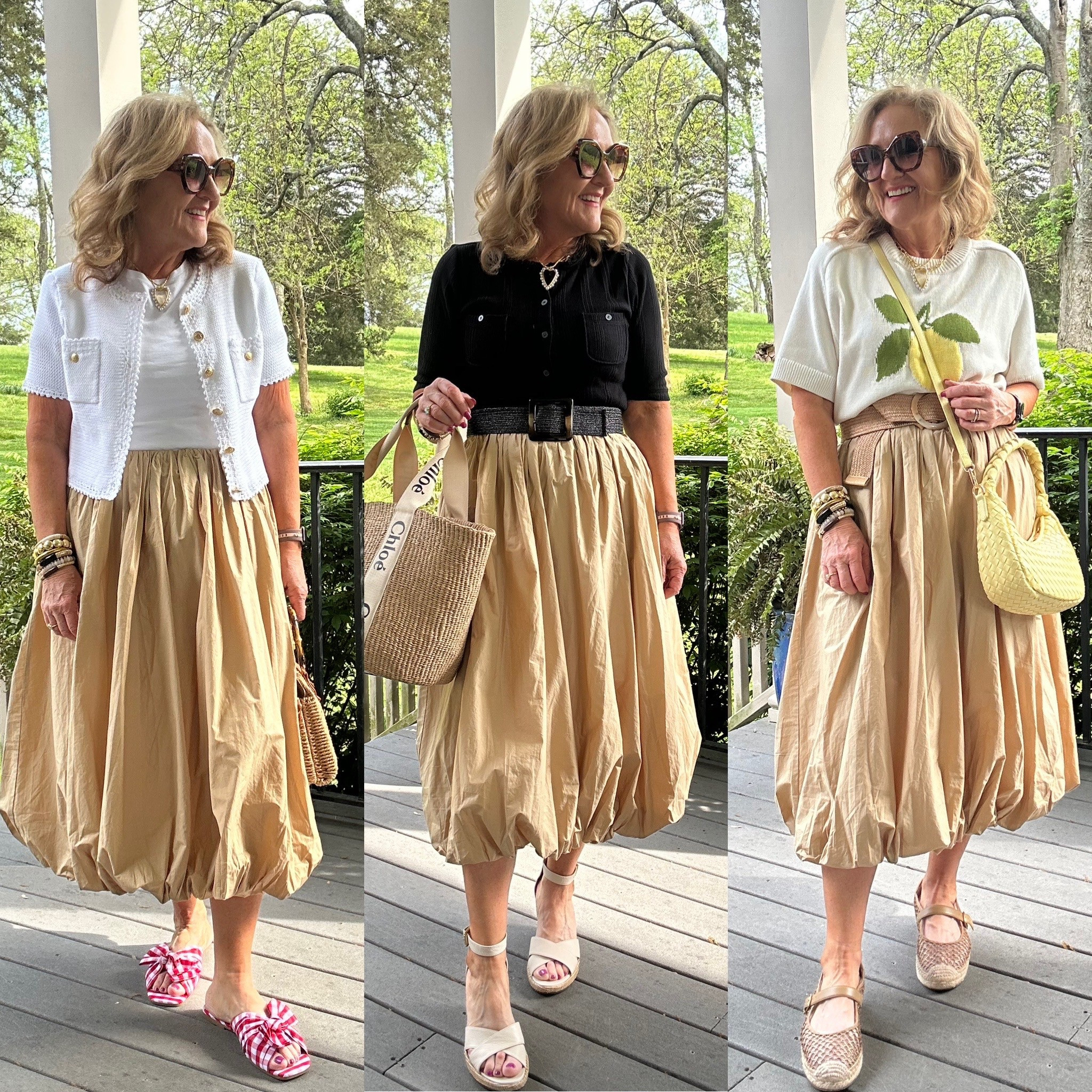 Bubble skirt styling! 
Wearing a petite medium 
Tops all size medium 

Trending spring fashion spring outfits loft khaki skirt 

#LTKStyleTip #LTKOver40 #LTKFindsUnder100