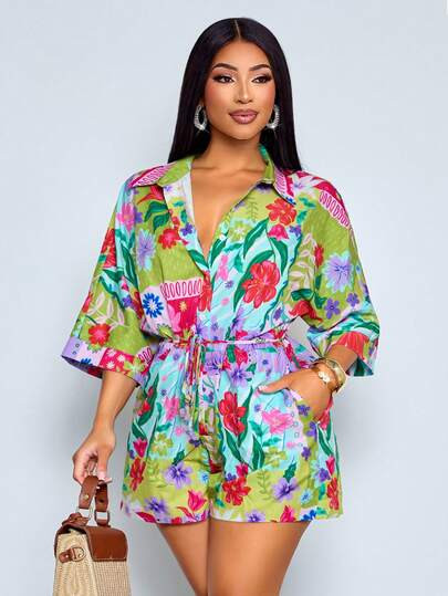 SOLERSUN Women's Spring Summer Boho Floral Print Belted Romper Women's Summer Vacation Beach Casu... | SHEIN