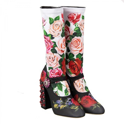 DOLCE & GABBANA Roses Crystals Elastic Socks Pumps Boots VALLY Black White 09642 | eBay US