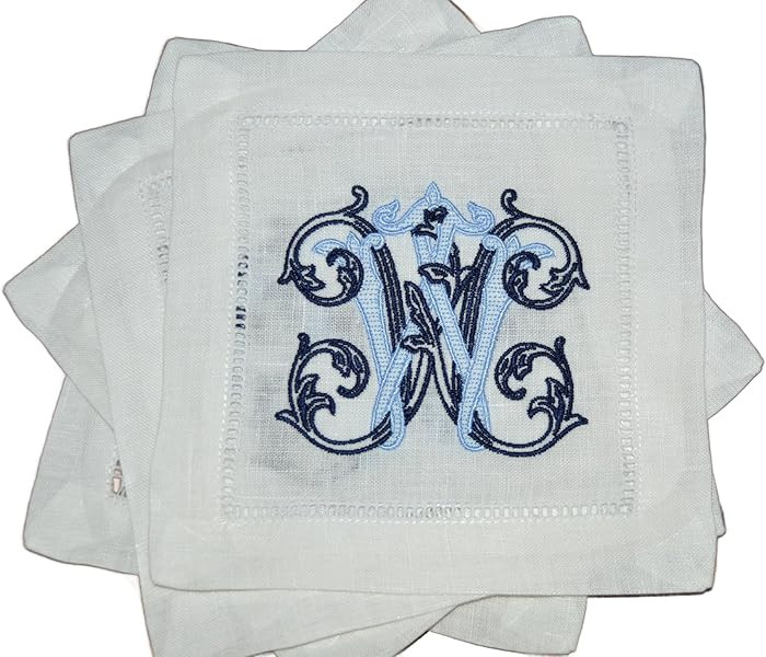 Personalized Linen Cocktail Hemstitched Napkins Embroidered in Vintage Vine Font, Elegant Bar Lin... | Amazon (US)