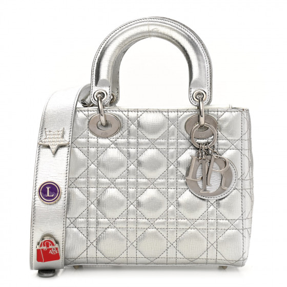 CHRISTIAN DIOR Metallic Grained Calfskin Cannage Small Lucky Badges My Lady Dior Silver | Fashionphile