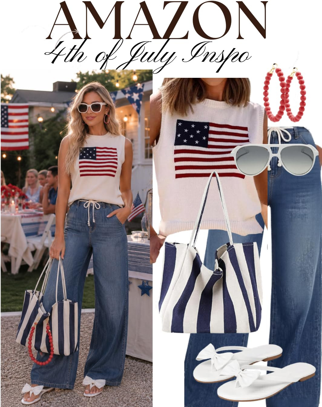 Amazon 4th of July Outfit Inspo 🇺🇸✨

Looking for the perfect casual-chic outfit for your 4th of July BBQ, fireworks night, or summer party? This patriotic Amazon outfit combines comfy wide-leg denim, a cute American flag sweater tank, oversized sunnies, statement earrings, and the cutest striped tote for an effortless all-American summer look. Perfect for backyard parties, lake days, brunch, or vacation style inspo! ❤️🤍💙

#amazonfashion #4thofjulyoutfit #4thofjulyfashion #patrioticstyle #summeroutfitinspo #amazonfinds #amazonstyle #widelegjeans #summerfashion #casualchic #americanstyle #redwhiteandblue #holidayoutfit #amazonoutfits #vacationstyle #summerstyle #fashioninspo #amazonfavorites #trendyoutfits #ootd #affiliate #ad