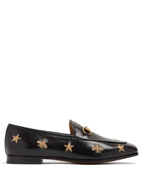 Gucci - Jordaan Embroidered Leather Loafers - Womens - Black Gold | Matches (US)