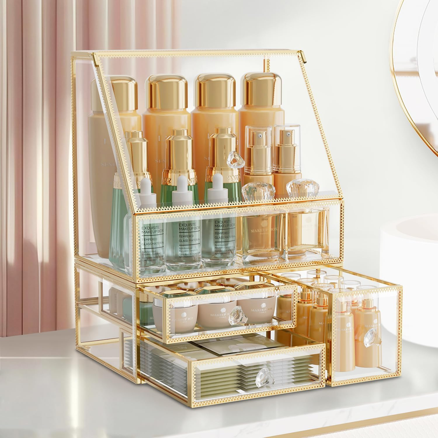 CoralHouse Glass Makeup Organizer with Lid and Drawer for Vanity, Clear | Amazon (US)