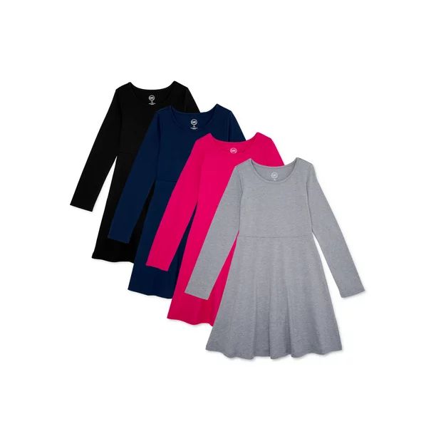 Wonder Nation Girls Long Sleeve Play Dress, Sizes 4-18 & Plus, 4-Pack | Walmart (US)