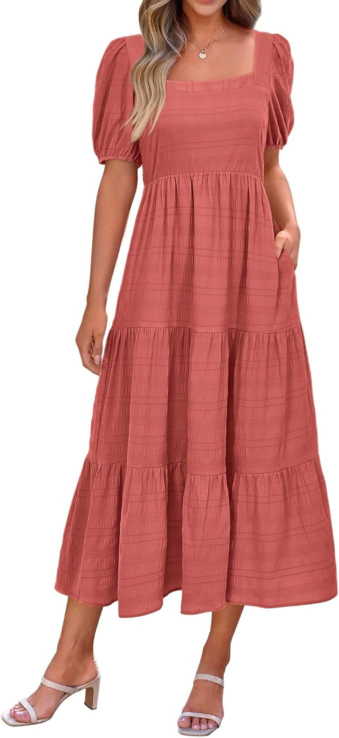 PRETTYGARDEN Women's Summer Dresses 2024 Puff Sleeve Square Neck High Waist Smocked A-Line Flowy ... | Amazon (US)